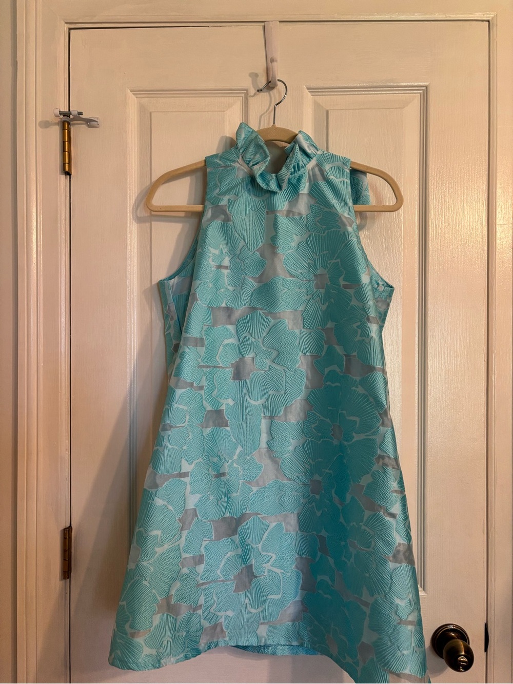 Sleeveless Aqua Floral Ruffle-Neck A-Line Dress
